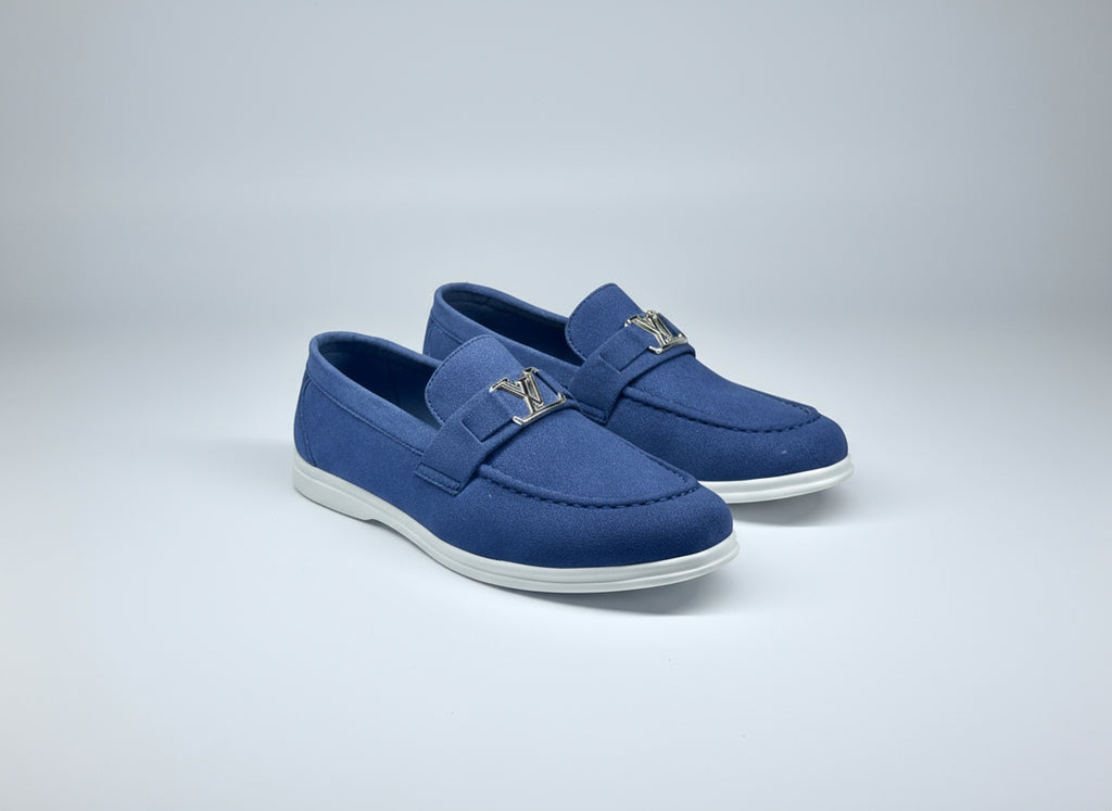 Men’s Suede Loafers  – Casual Comfort Slip-On Shoes (Blue with White Sole)
