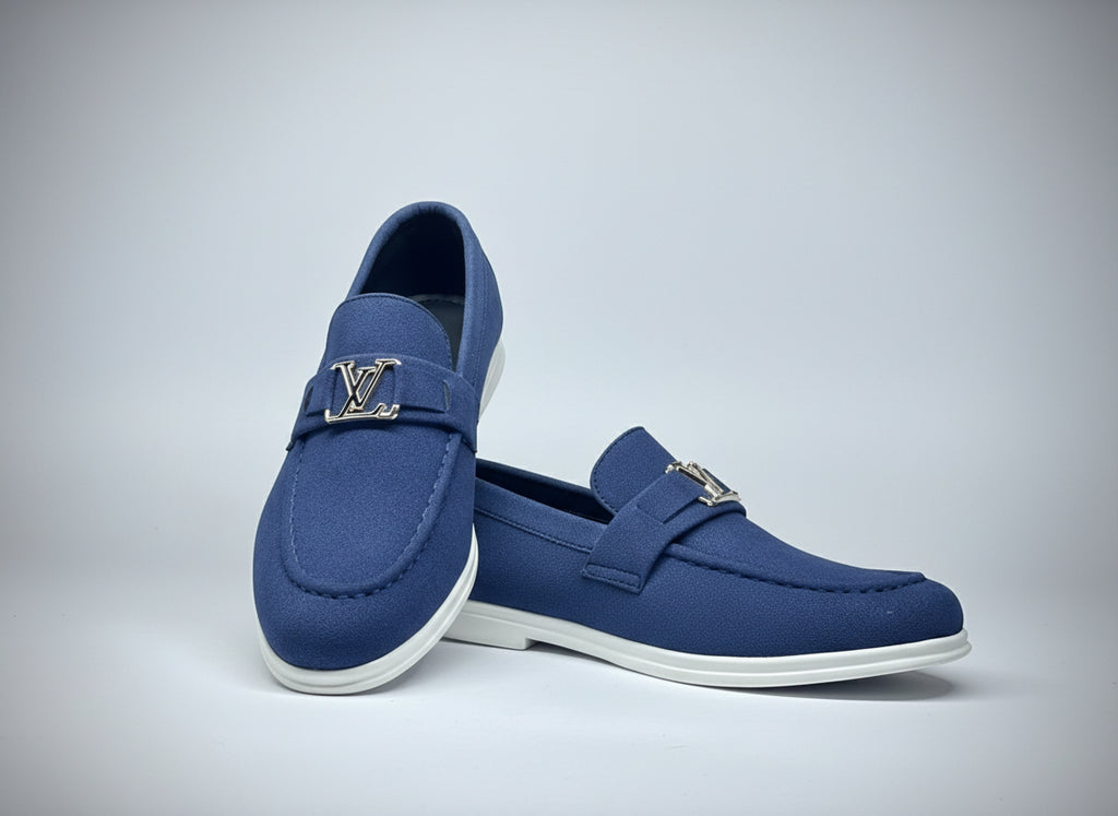 Men’s Suede Loafers  – Casual Comfort Slip-On Shoes (Blue with White Sole)